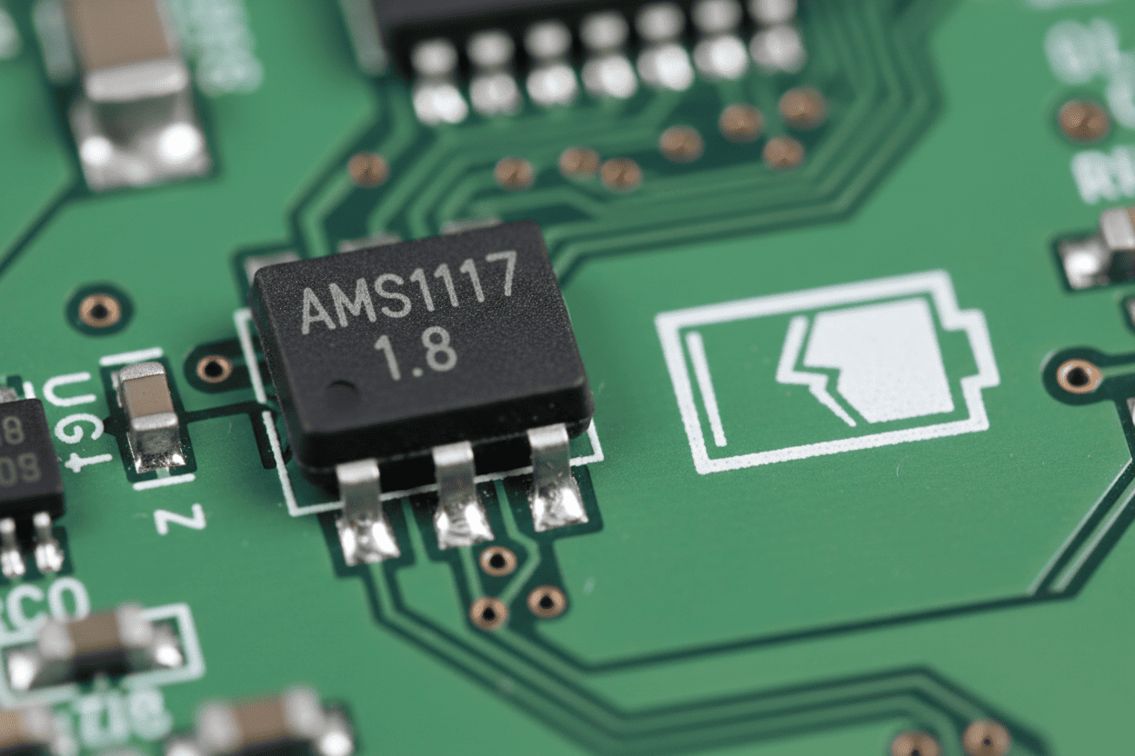 A macro shot of an AMS1117 voltage regulator on a green PCB next to a dead battery symbol