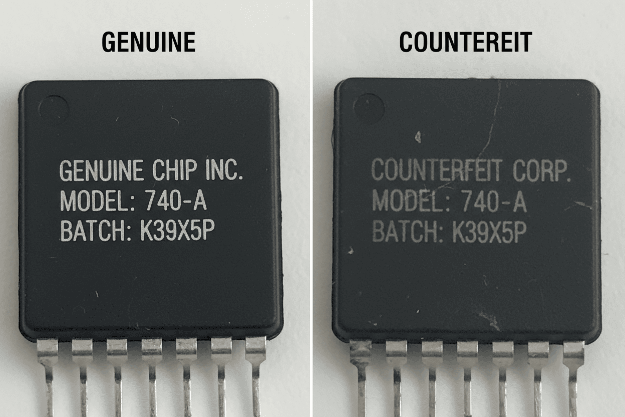 A split-screen comparison showing a genuine microchip .
