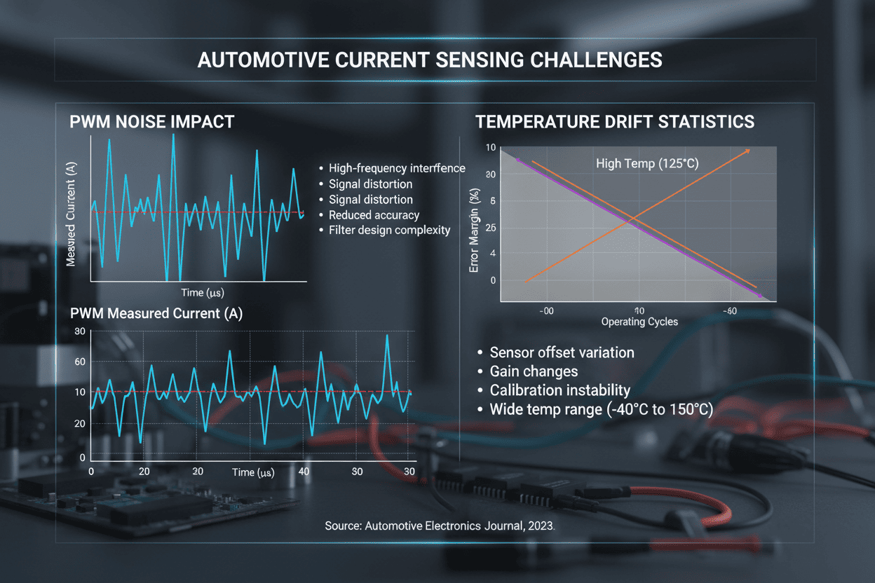 Automotive current sensing challenges data chart showing PWM noise and temperature drift statistics