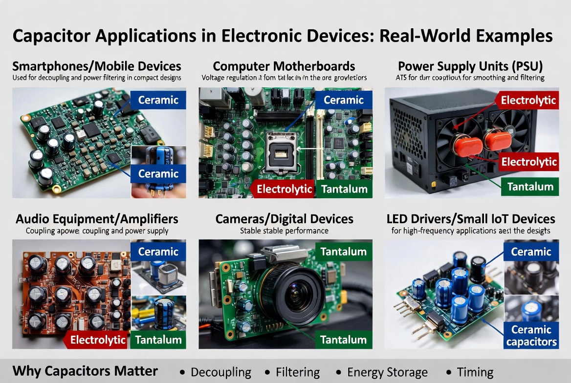 Capacitor application examples in different electronic devices