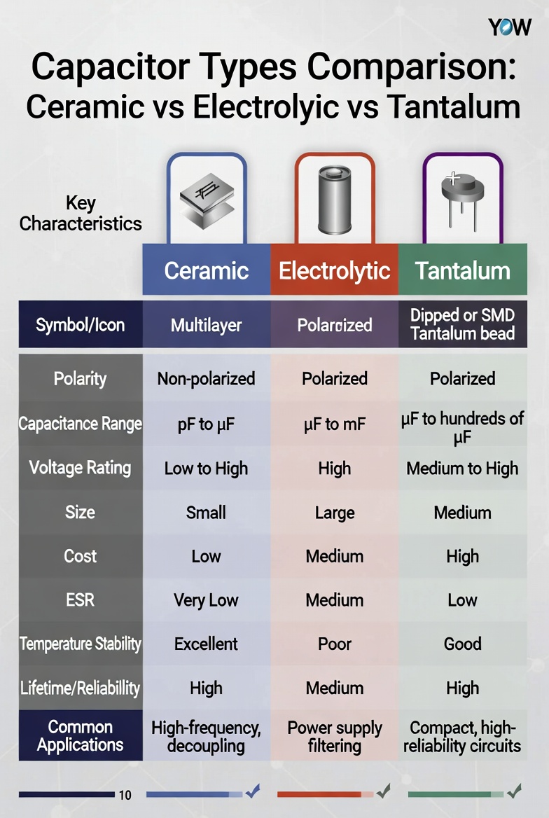 Capacitor comparison chart showing ceramic, electrolytic, and tantalum capacitor types