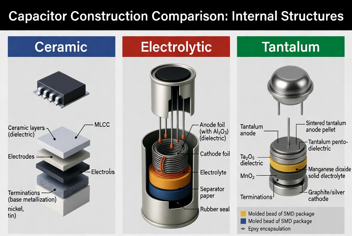 Capacitor construction comparison diagram showing internal structures