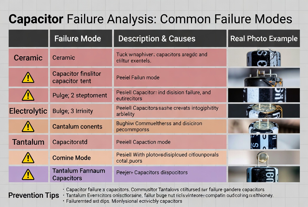 Capacitor failure analysis chart showing common failure modes