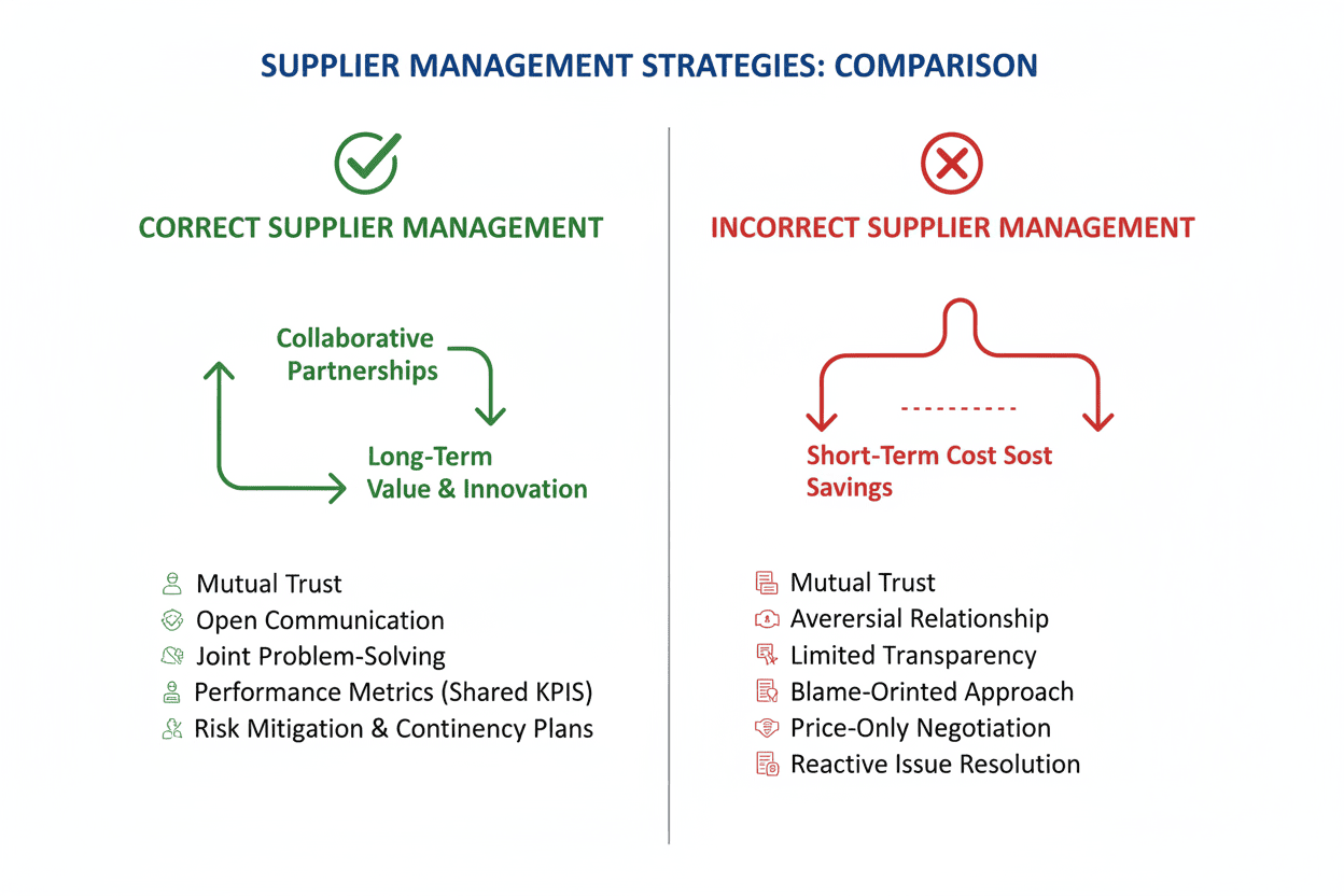 Comparison diagram showing Correct vs Incorrect Supplier Management strategies