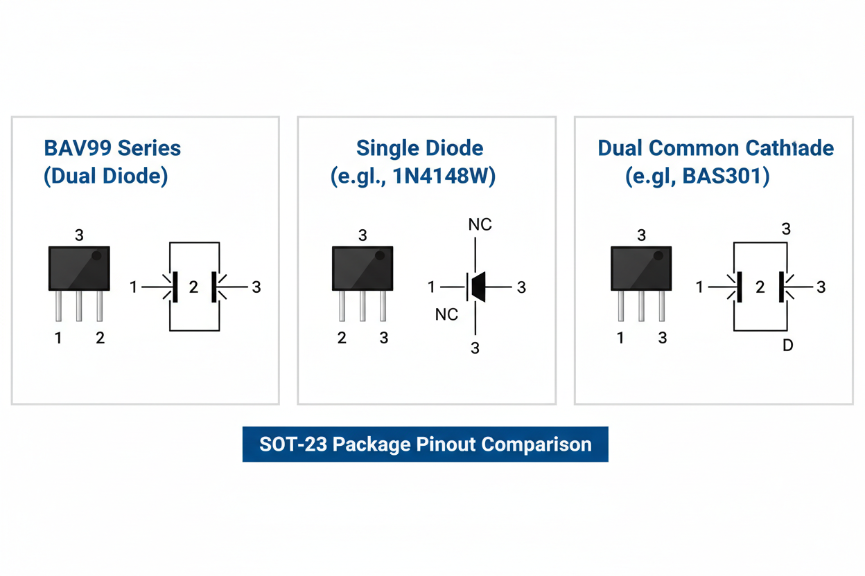 Comparison diagram showing SOT-23 pinouts for BAV99 series pair and other diodes.