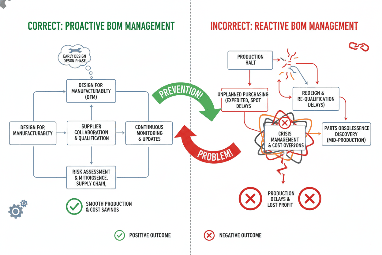 Comparison diagram showing correct proactive BOM management vs incorrect reactive management