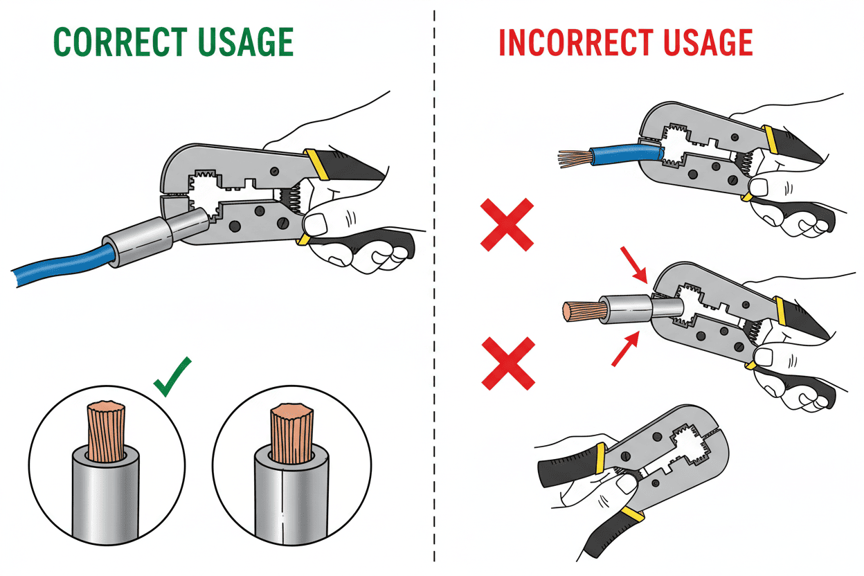 Comparison diagram showing correct vs incorrect crimping tool usage on alternative terminals