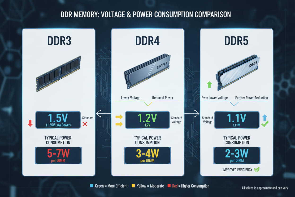 Comparison diagram showing voltage and power consumption differences between DDR3, DDR4, and DDR5