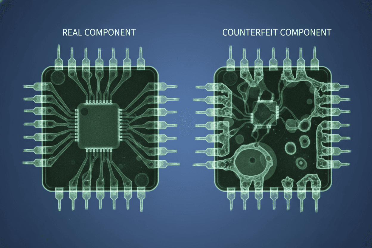 Comparison of a real electronic component vs a counterfeit component under X-ray inspection