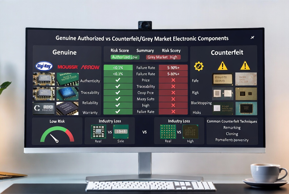 Comparison of genuine authorized electronic components versus counterfeit grey market chips