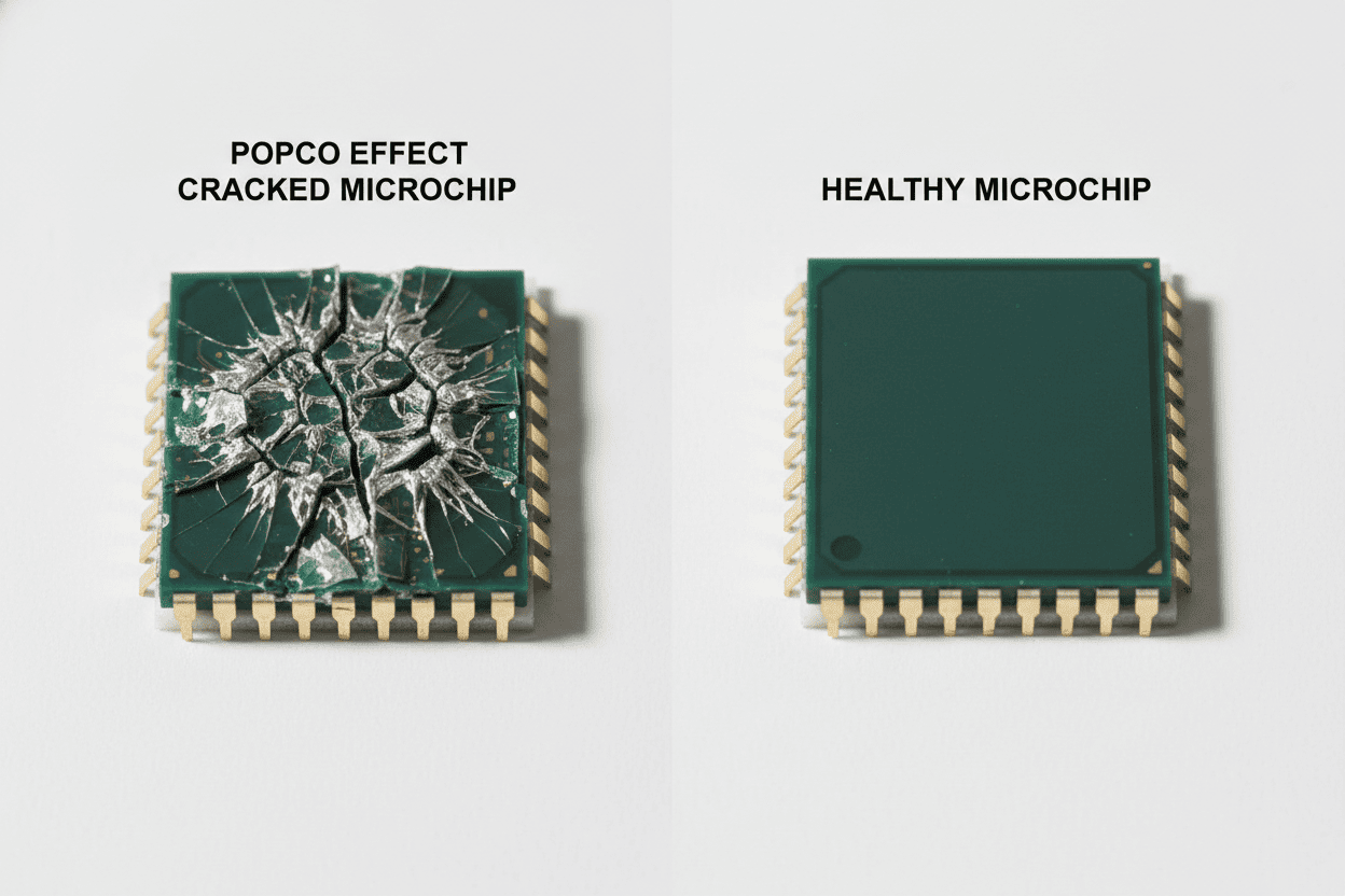 Comparison showing a cracked microchip from popcorn effect versus a healthy microchip