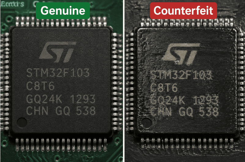 Comparison showing a genuine IC next to a counterfeit blacktopped IC