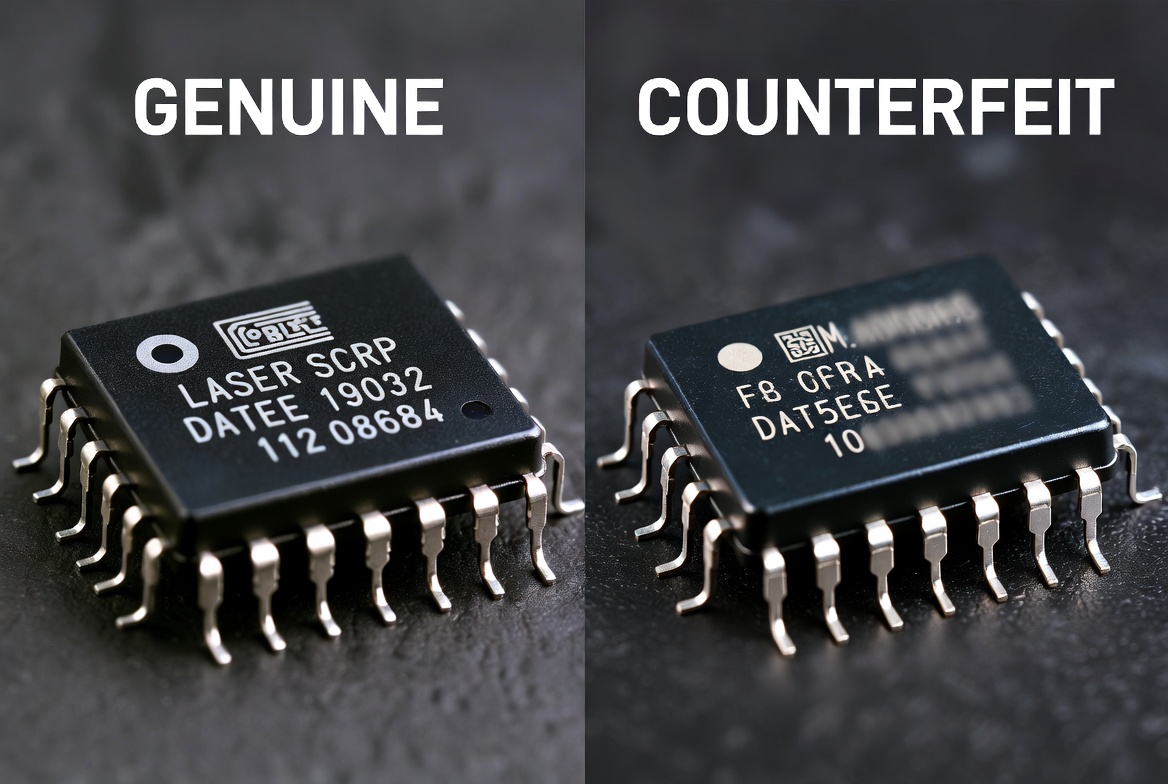 Comparison showing a genuine electronic IC chip versus a counterfeit fake chip