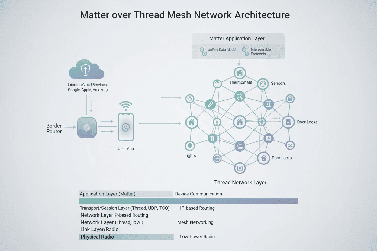 Conceptual diagram showing Matter over Thread mesh network architecture