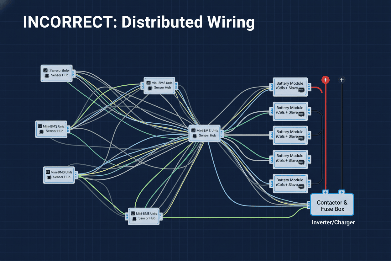 Correct centralized BMS topology versus incorrect distributed wiring