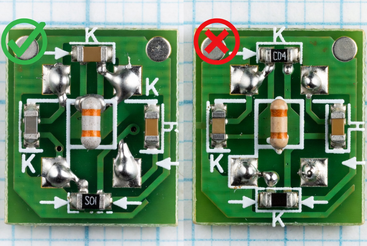 Correct versus incorrect diode footprint placement on a printed circuit board