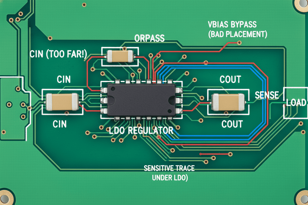 Correct vs Incorrect PCB layout for LDO regulator capacitors