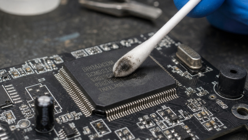 Cotton swab with acetone removing fake blacktopping paint from an electronic component