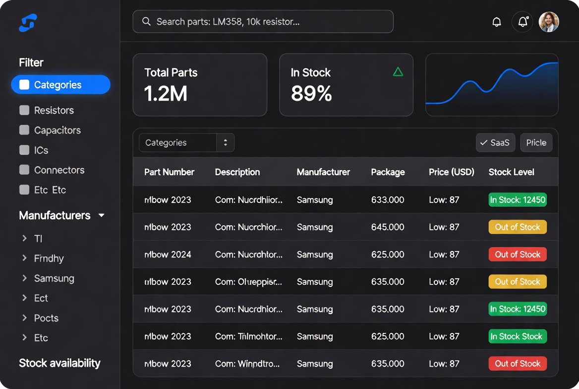 Dashboard interface of an electronic component search engine showing stock levels