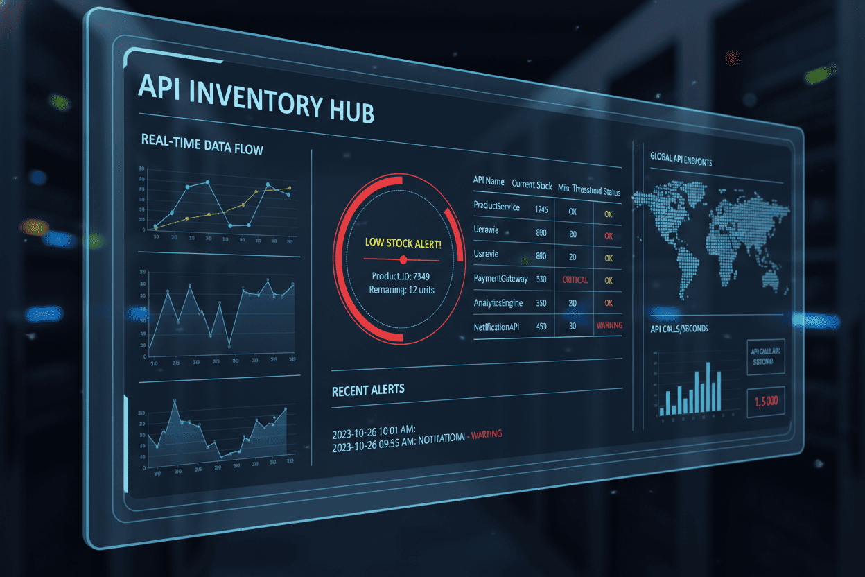 Dashboard interface showing real-time API inventory tracking and low stock alerts