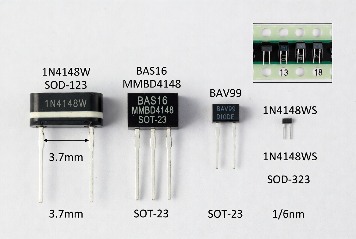 Detailed electrical specification comparison chart for surface mount switching diodes