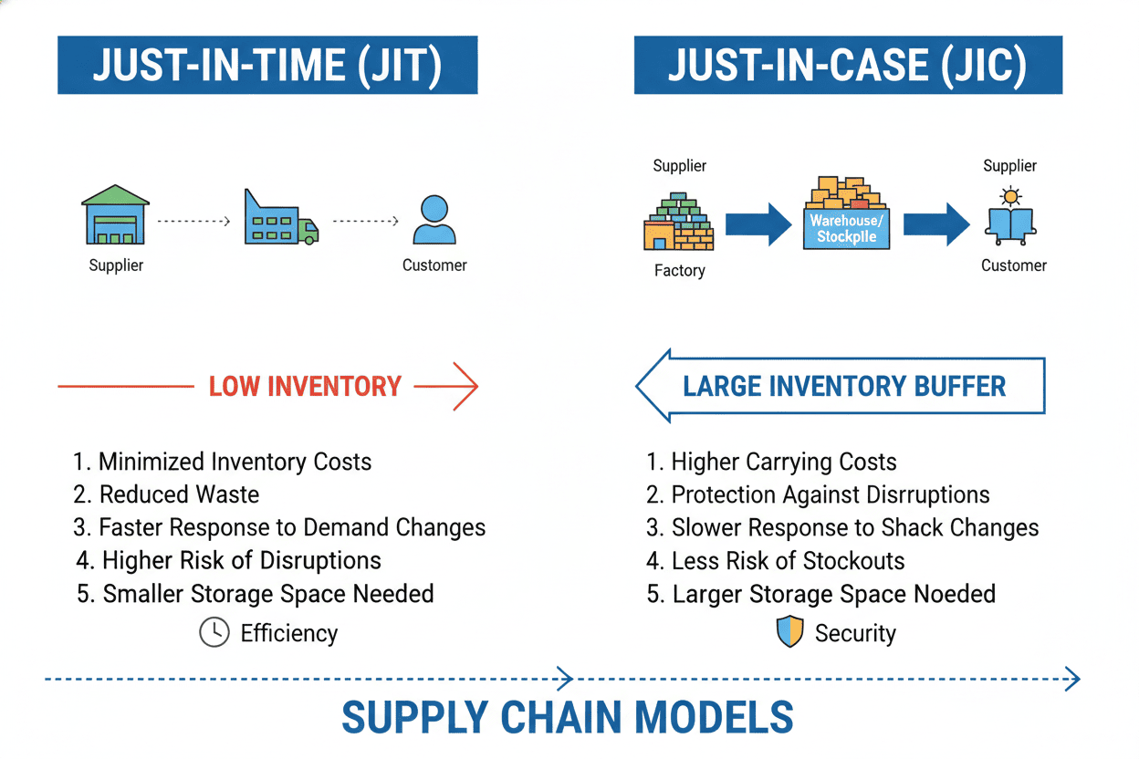 Diagram comparing JIT and Just-In-Case supply chain models