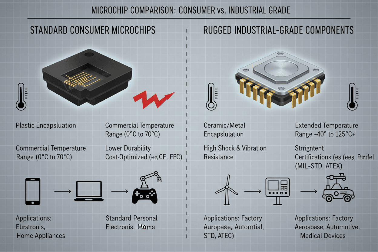 Diagram comparing standard consumer microchips with rugged industrial grade components
