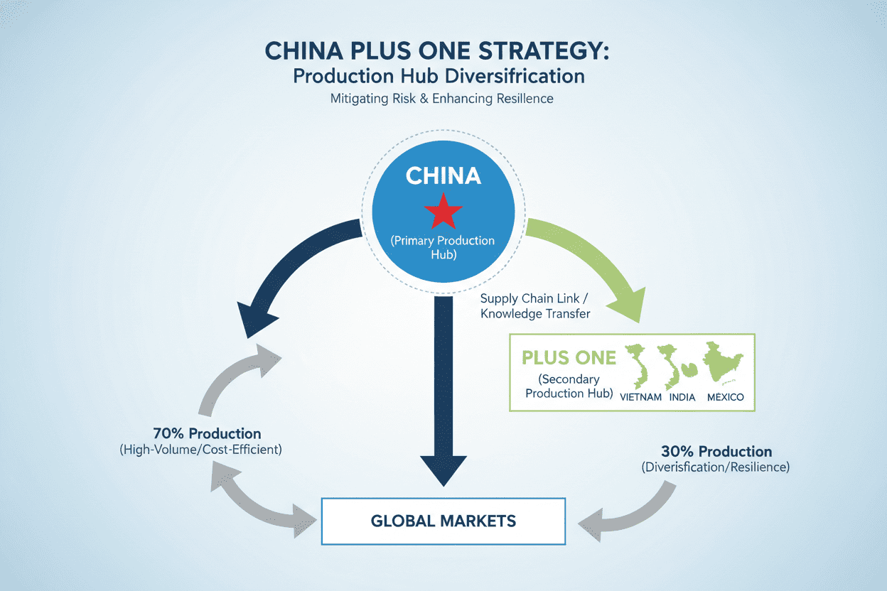 Diagram illustrating the China Plus One strategy with production split