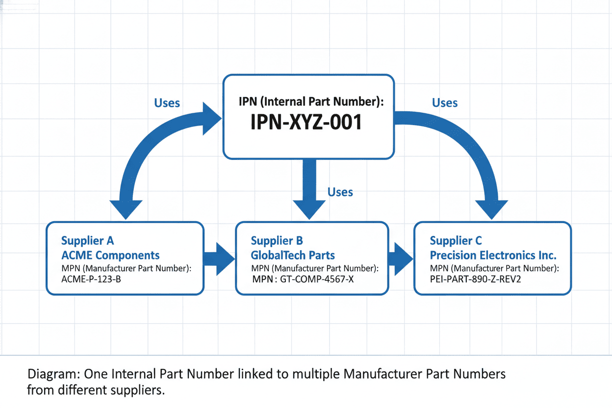 Diagram showing one IPN linking to three different MPNs from various suppliers