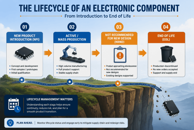 Diagram showing the lifecycle of an electronic component from active to EOL