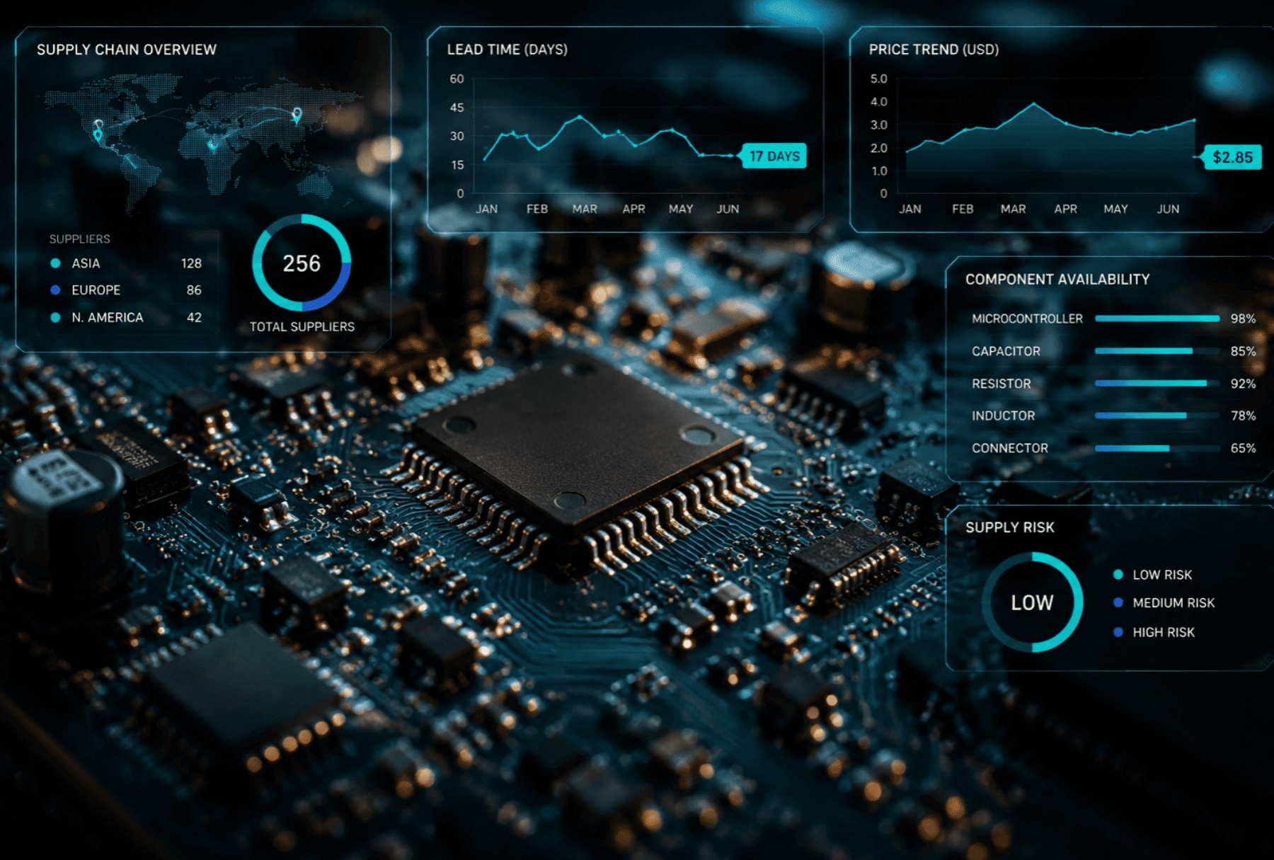 Electronic components on a printed circuit board with procurement data overlay