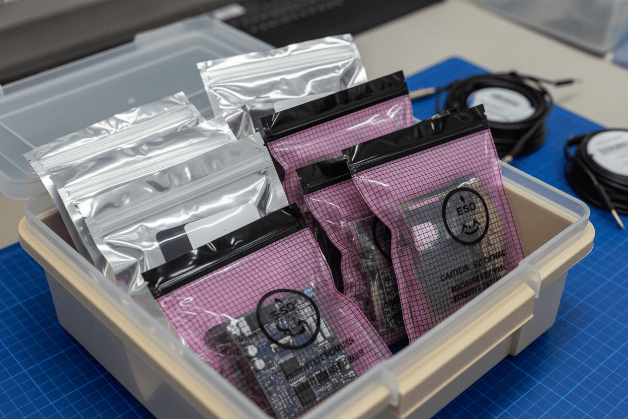 Electronic components stored in moisture barrier bags and anti-static packaging