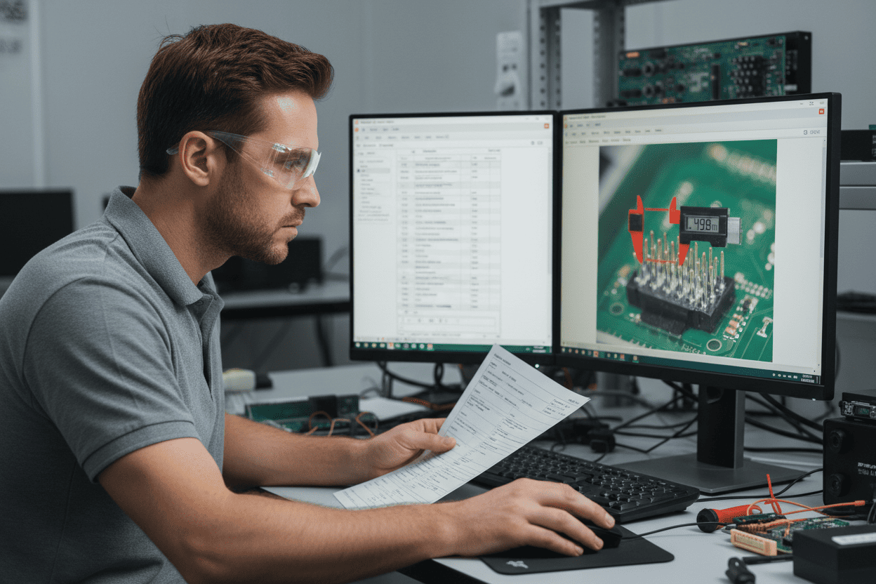Engineer comparing connector datasheets and pitch measurements on a computer screen