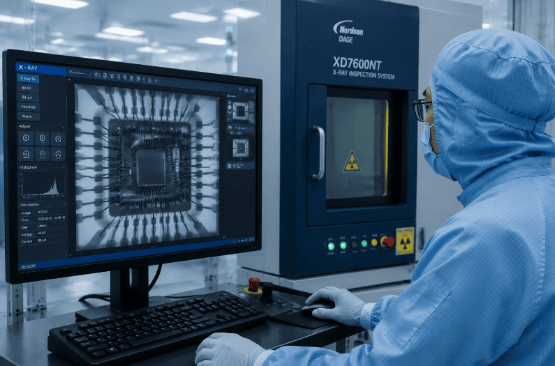 Engineer inspecting an electronic component