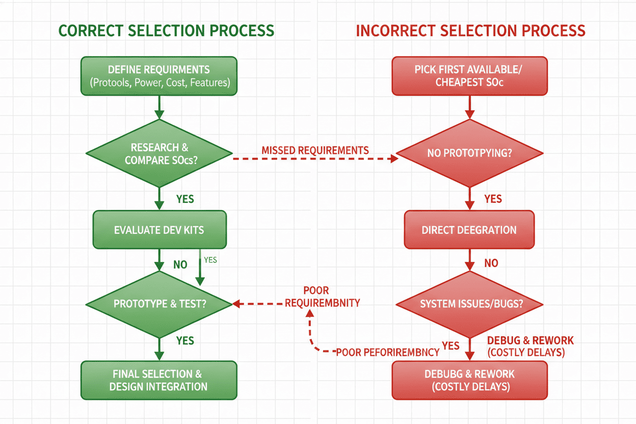 Flowchart comparing correct vs incorrect smart home SoC selection process