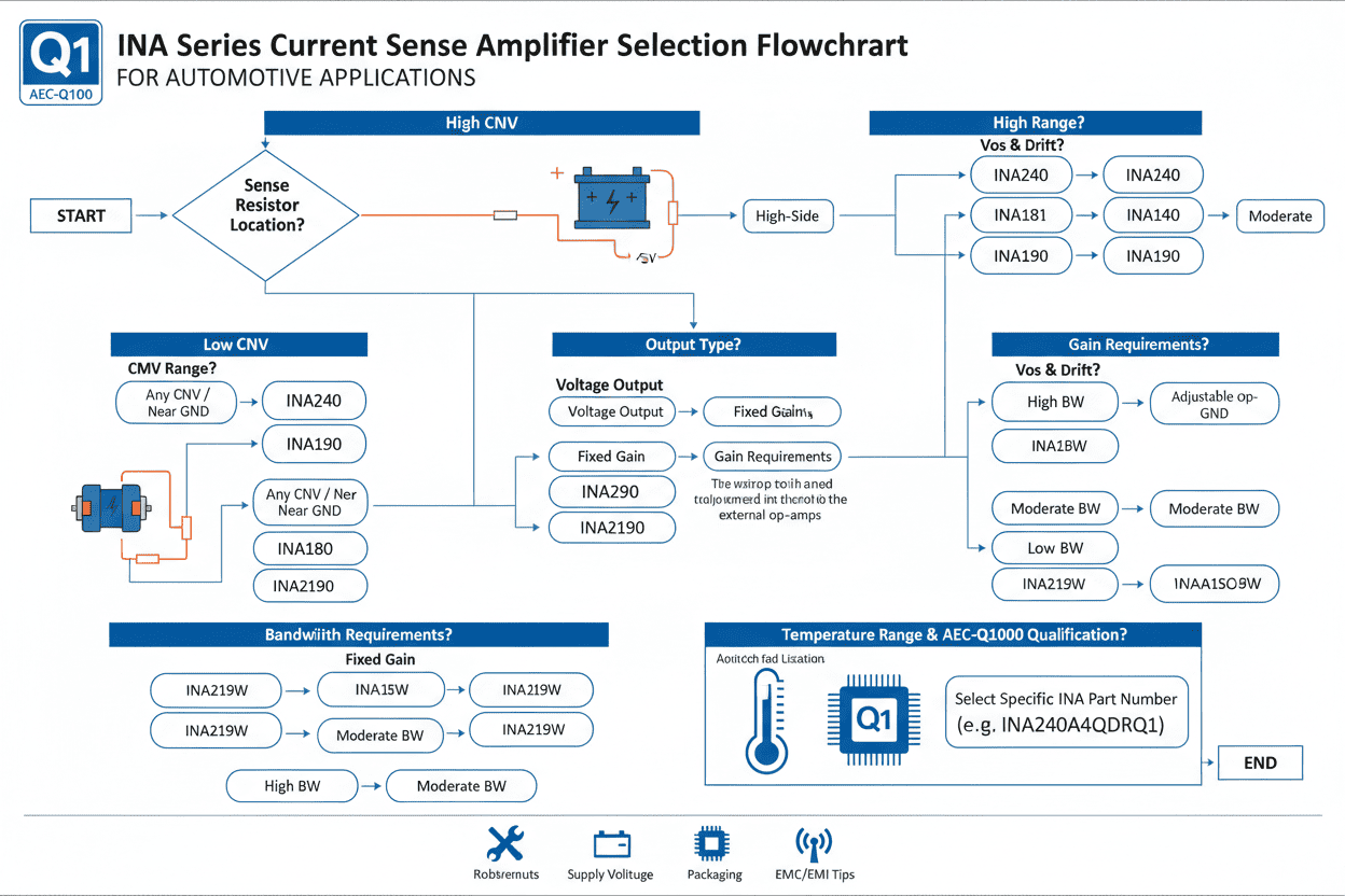 INA series current sense amplifier selection flowchart for automotive applications