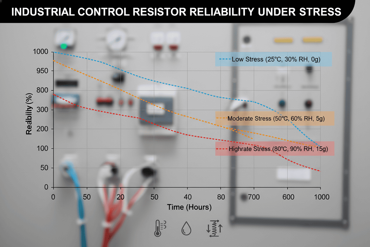 Industrial control resistor reliability chart under heat, humidity, and vibration stress.