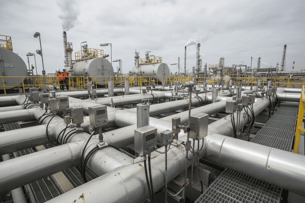 Industrial pressure and temperature sensors installed on oil gas pipeline