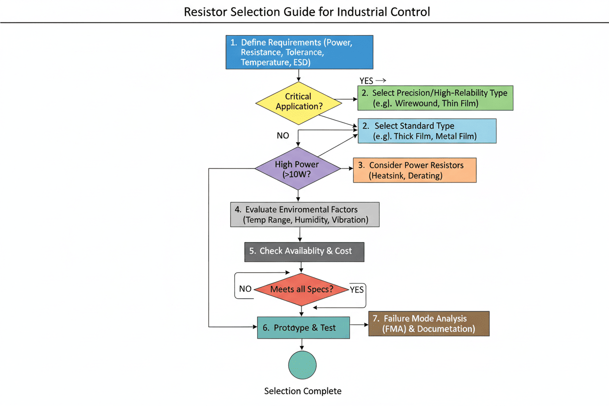 Industrial resistor selection flowchart — 7 steps from requirements to failure analysis