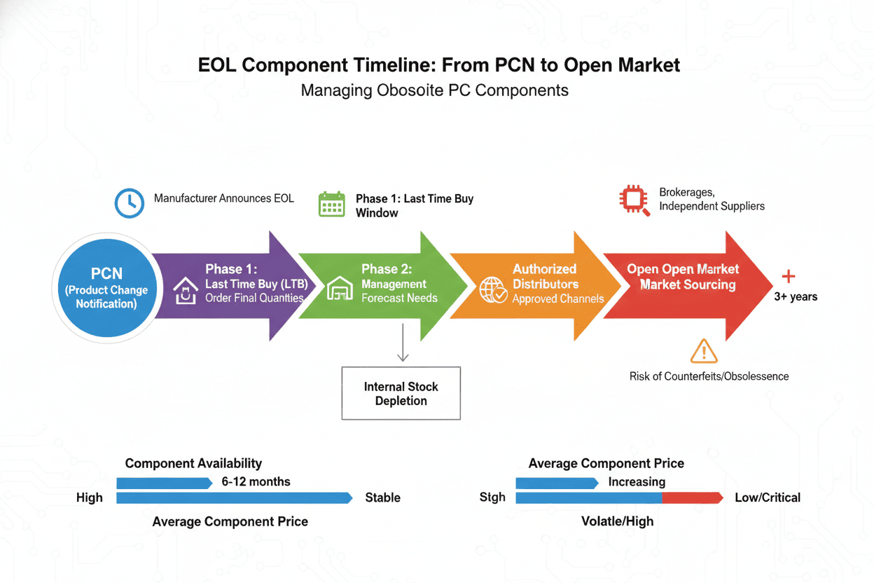 Infographic showing the timeline of an End of Life component from PCN to open market sourcing
