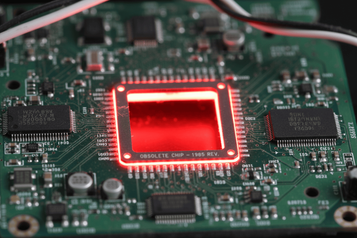 Macro shot of a green printed circuit board with a glowing red outline indicating a missing obsolete microchip