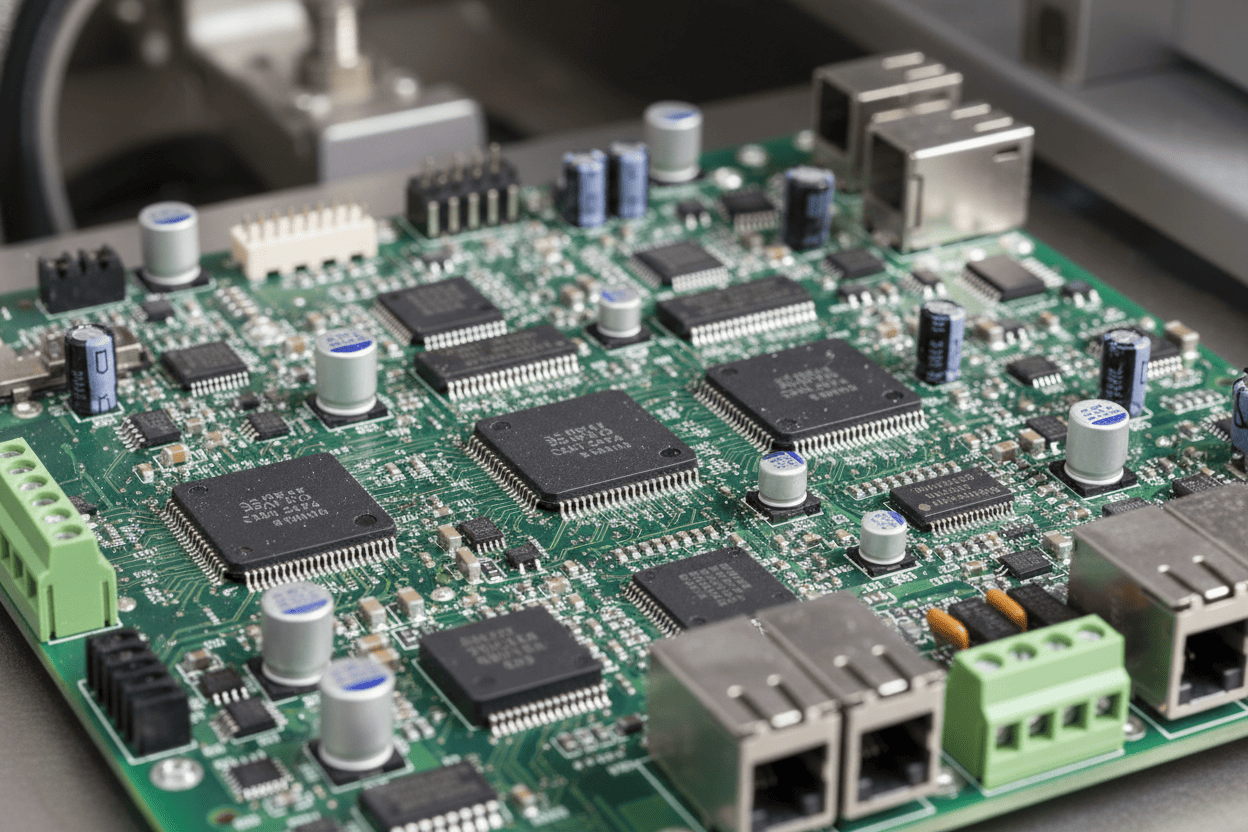 Macro shot of industrial automation PCB with microcontrollers and integrated circuits