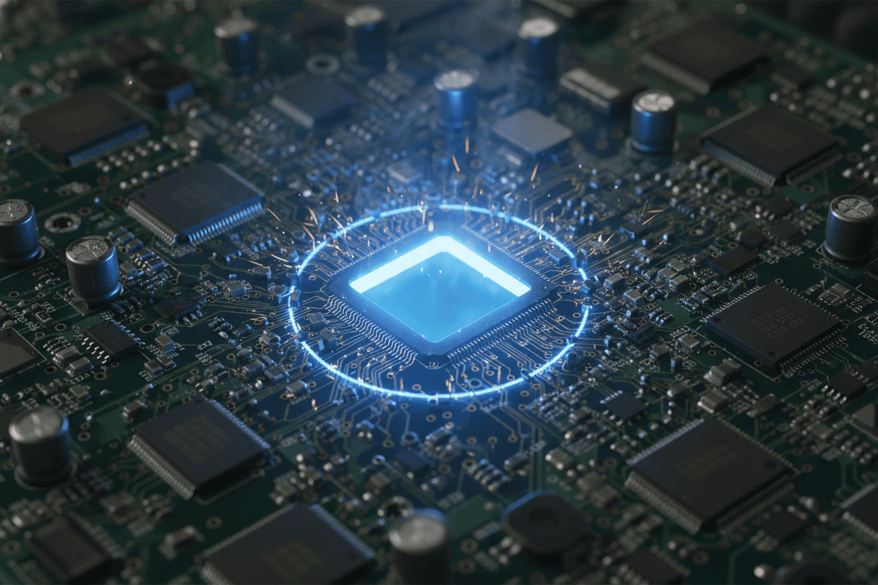 Macro view of a complex PCB board with a glowing missing component slot
