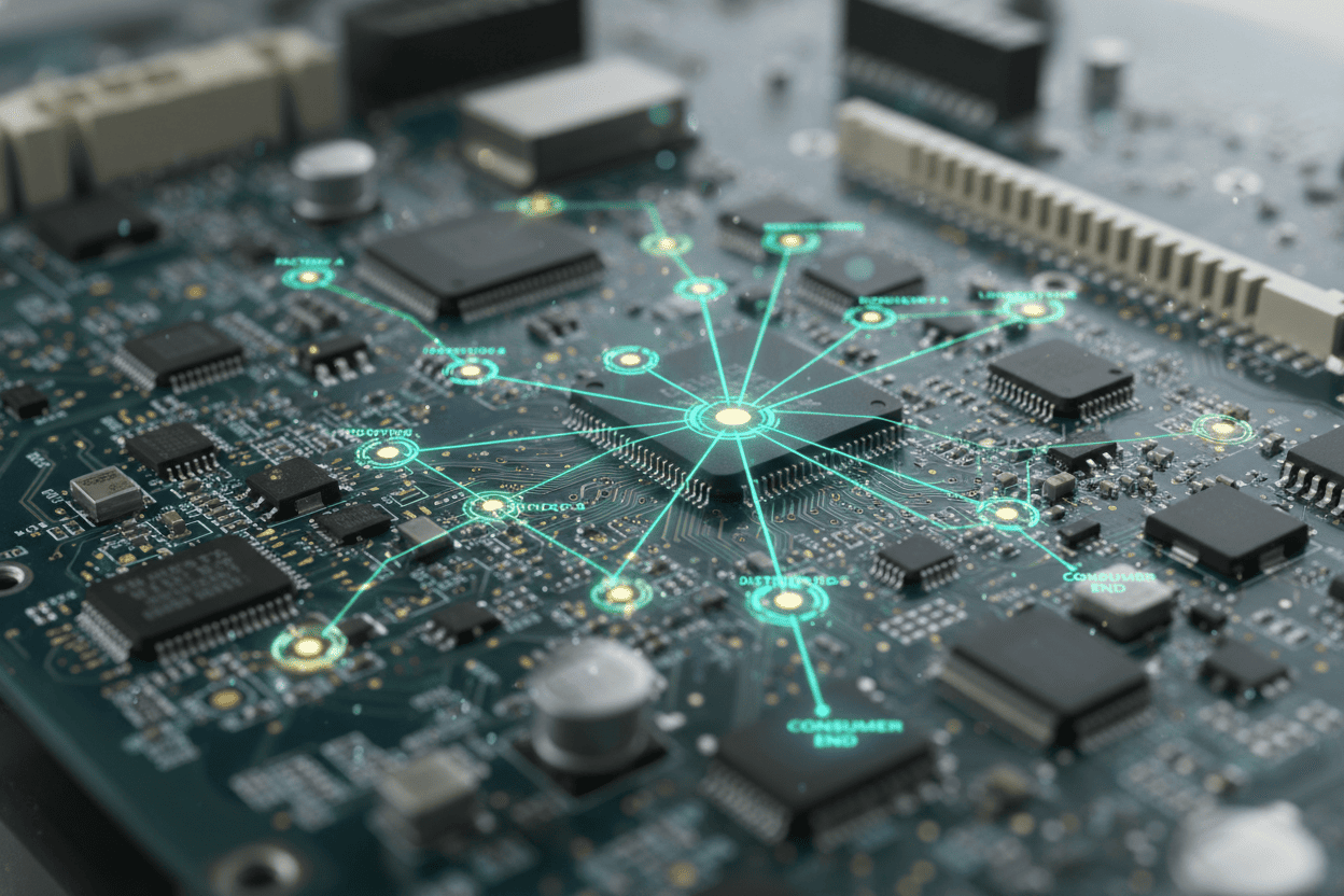 Macro view of a printed circuit board with glowing supply chain network nodes overlay