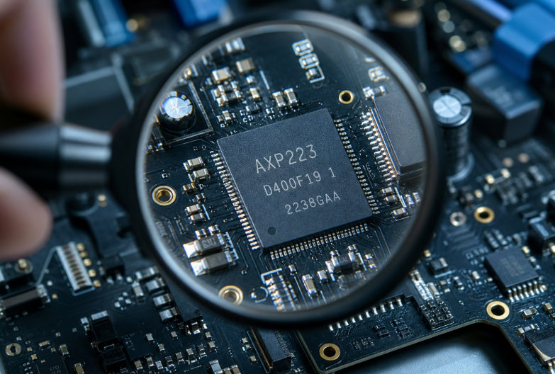 Macro view of an engineer inspecting a microchip on a PCB with a magnifying glass
