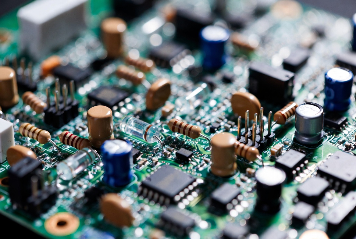 Macro view of electronic components on a prototyping PCB board for R&D sourcing
