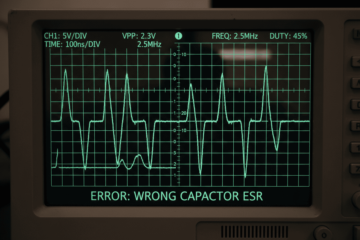 Oscilloscope screen showing voltage regulator oscillation due to wrong capacitor ESR