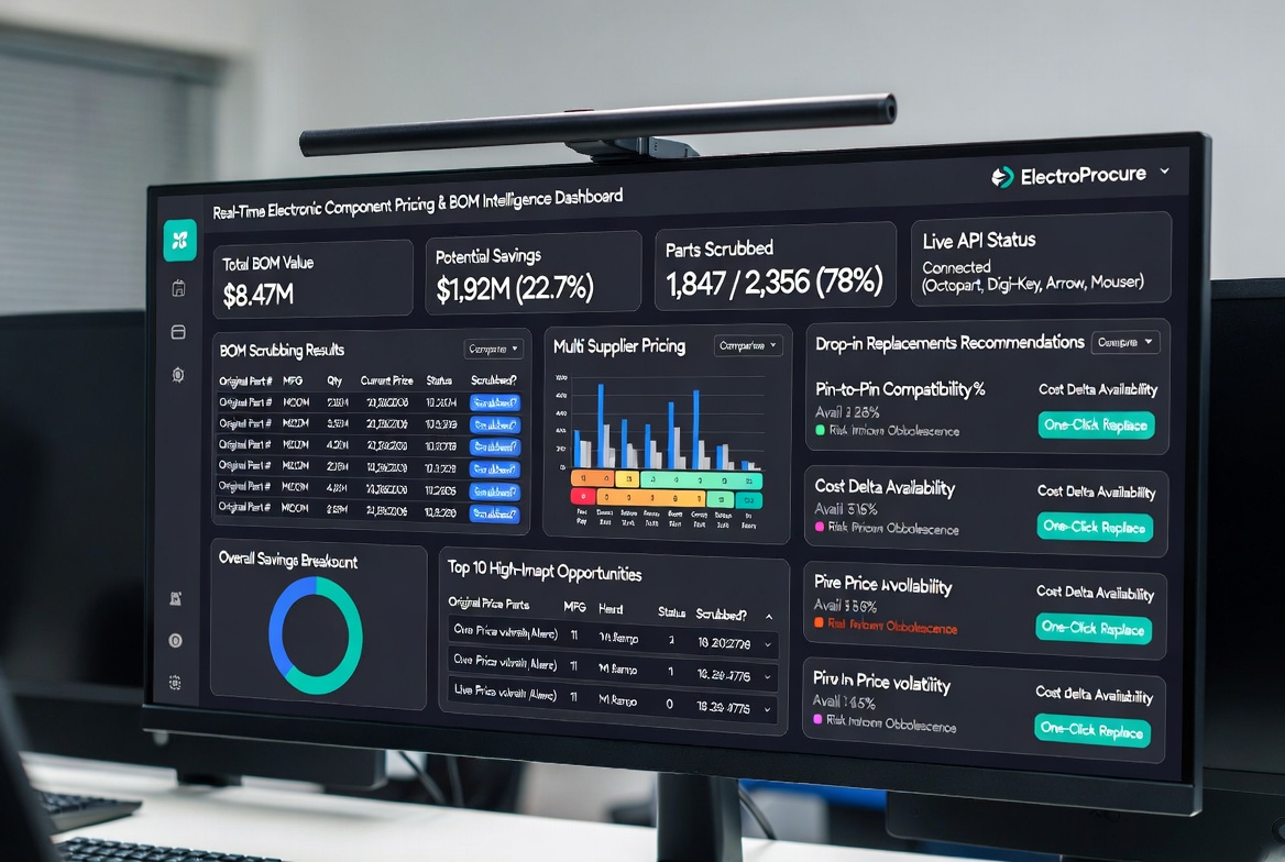 Real-time electronic component pricing API dashboard showing BOM