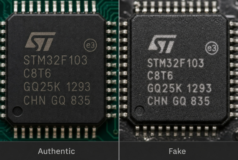 Side-by-side comparison of authentic laser-etched IC markings versus fake printed markings