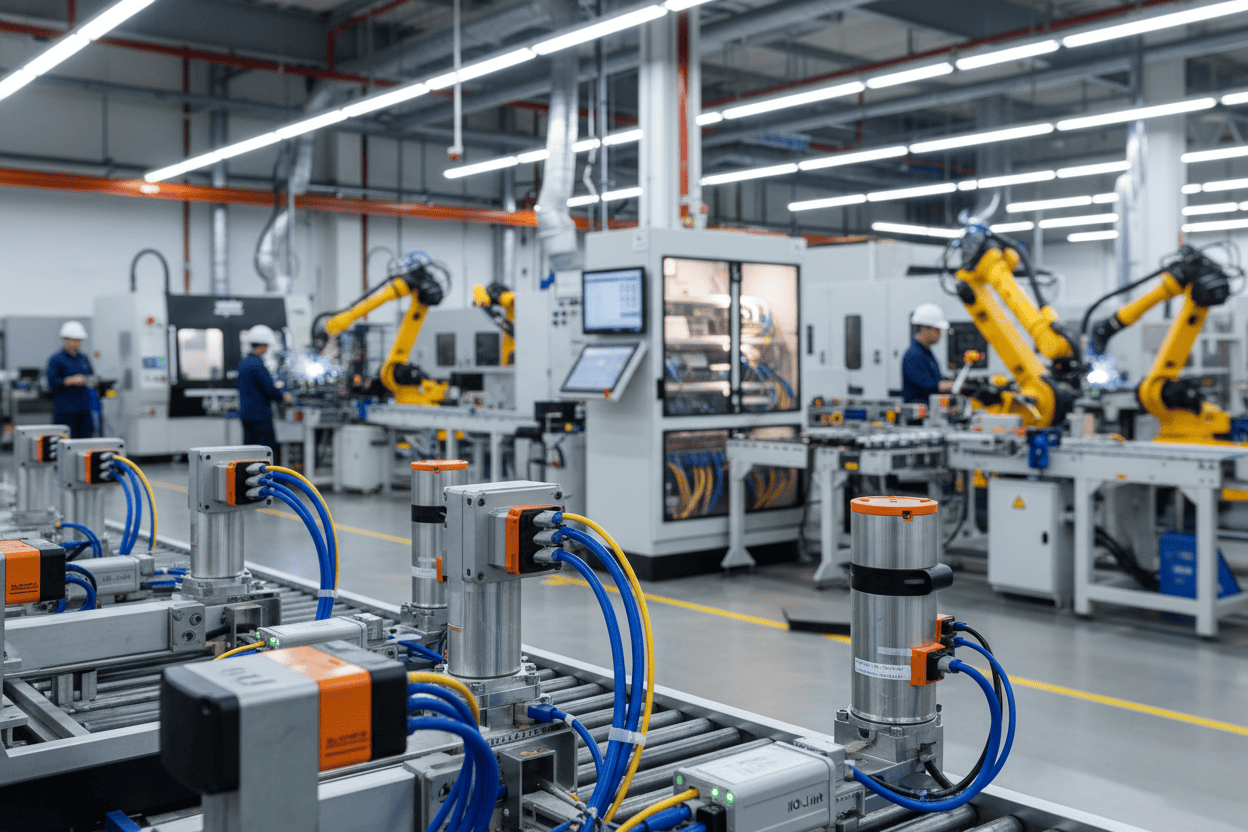 Smart industrial sensors with IO-Link connectivity in manufacturing plant